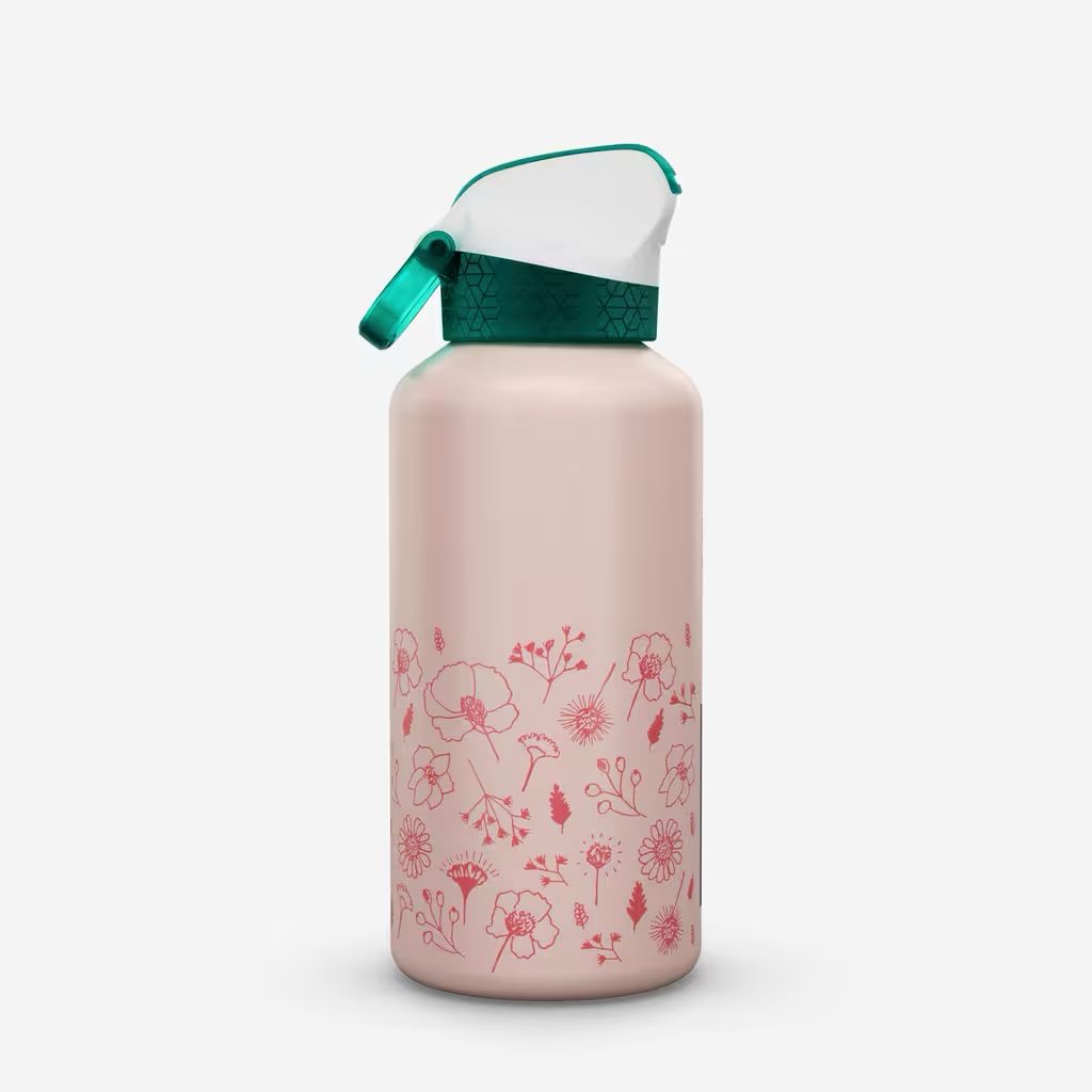 Gourde enfant 0,6L en alu, bouchon instantané, pipette et paille, randonné