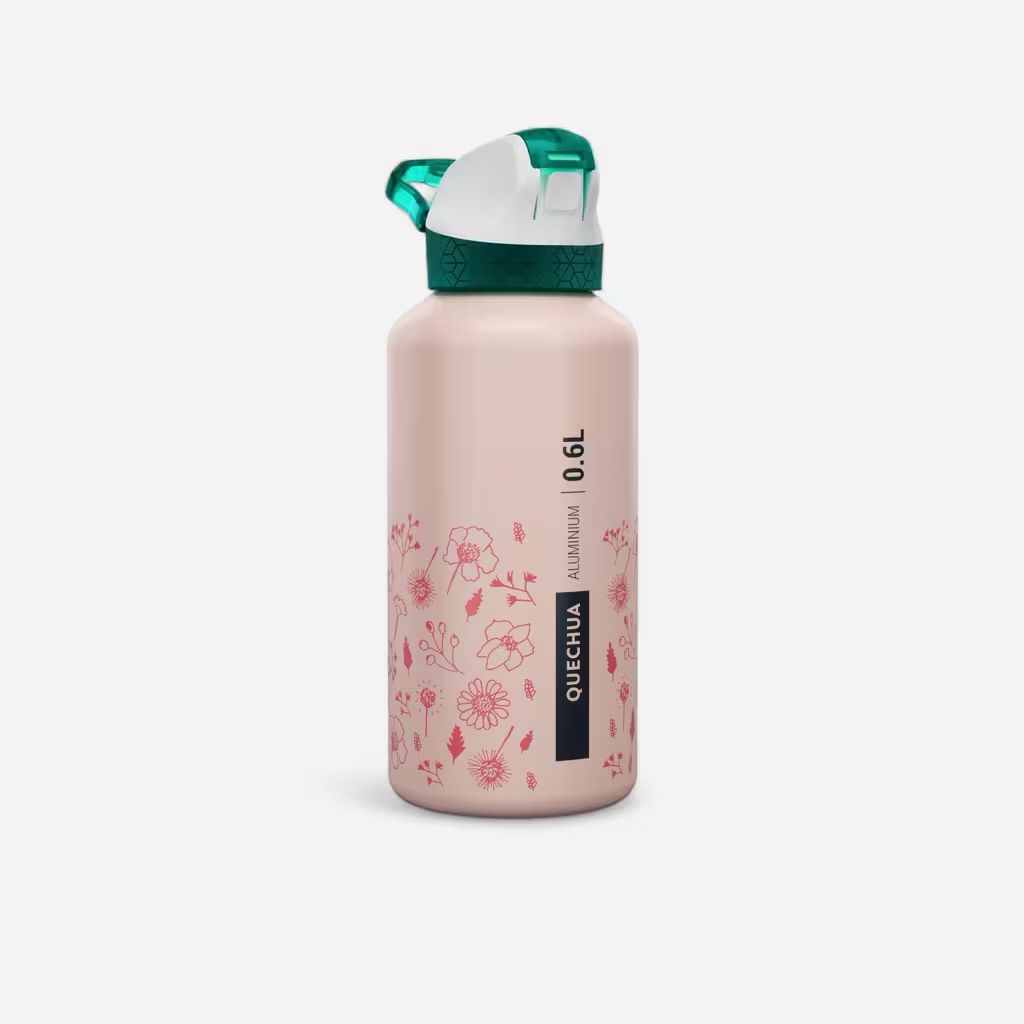 Gourde enfant 0,6L en alu, bouchon instantané, pipette et paille, randonné