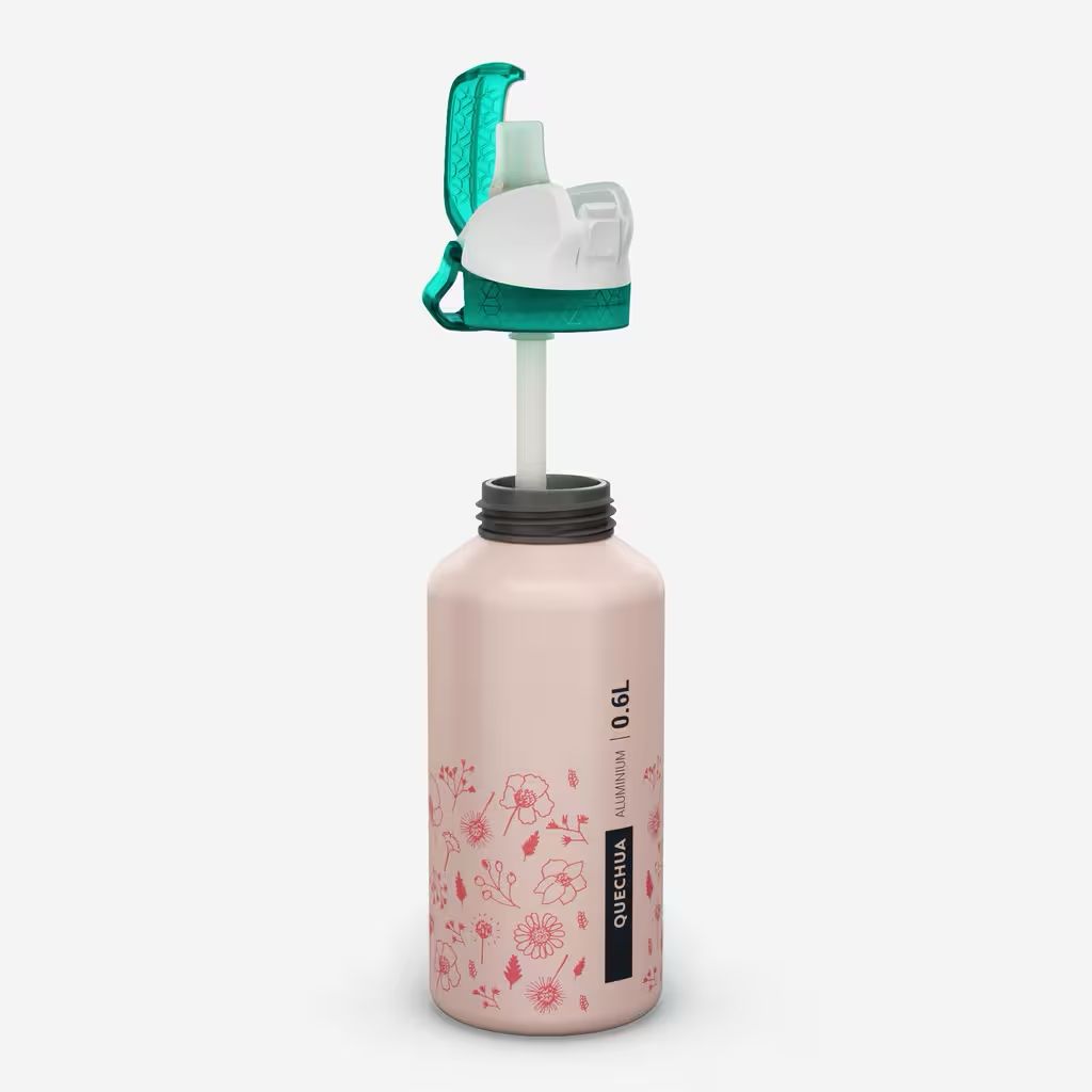Gourde enfant 0,6L en alu, bouchon instantané, pipette et paille, randonné