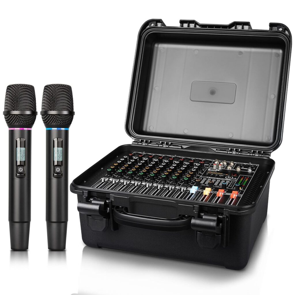 Table de mixage audio alimenté  OEM GT10M 550W 8 canaux, 2 micro sans fil professionnel.