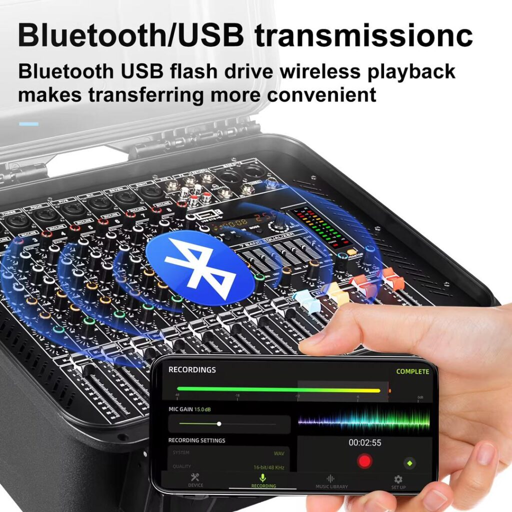Table de mixage audio alimenté  OEM GT10M 550W 8 canaux, 2 micro sans fil professionnel.