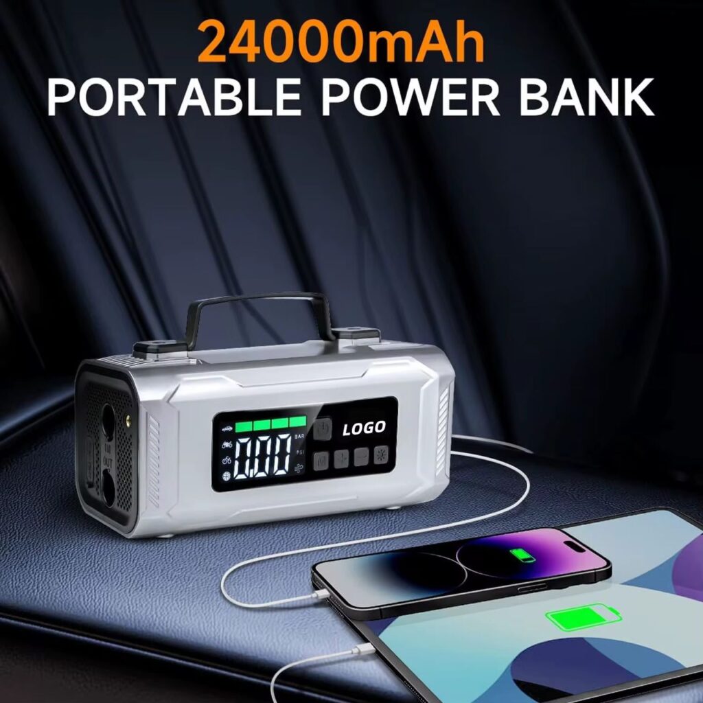 Batterie externe portable 6 en 1, compresseur, démarreur, torche, chargeur d’appareil, lampe et plus