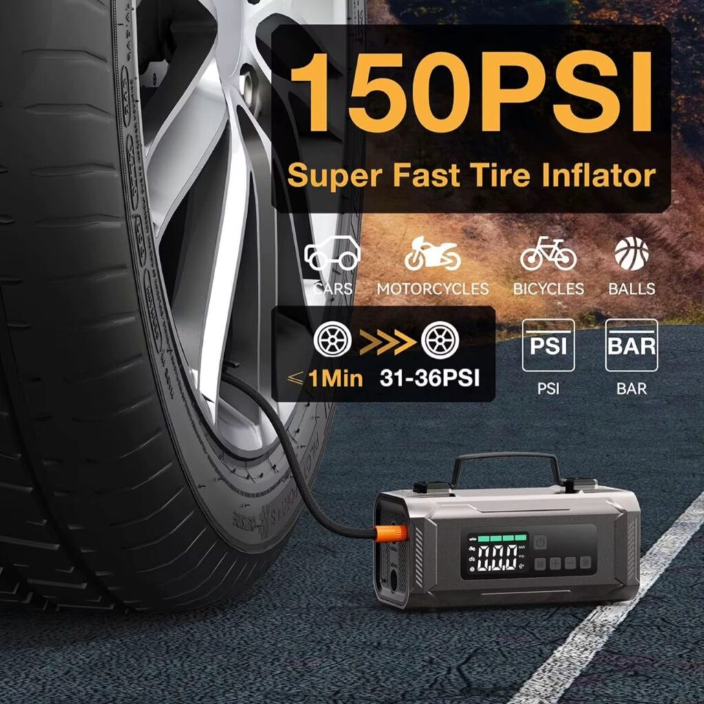 Batterie externe portable 6 en 1, compresseur, démarreur, torche, chargeur d’appareil, lampe et plus