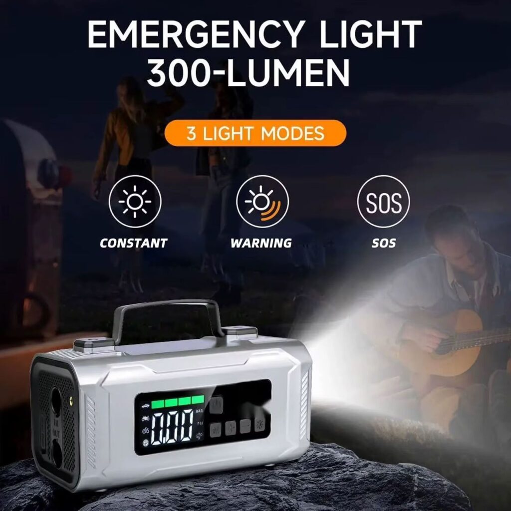 Batterie externe portable 6 en 1, compresseur, démarreur, torche, chargeur d’appareil, lampe et plus