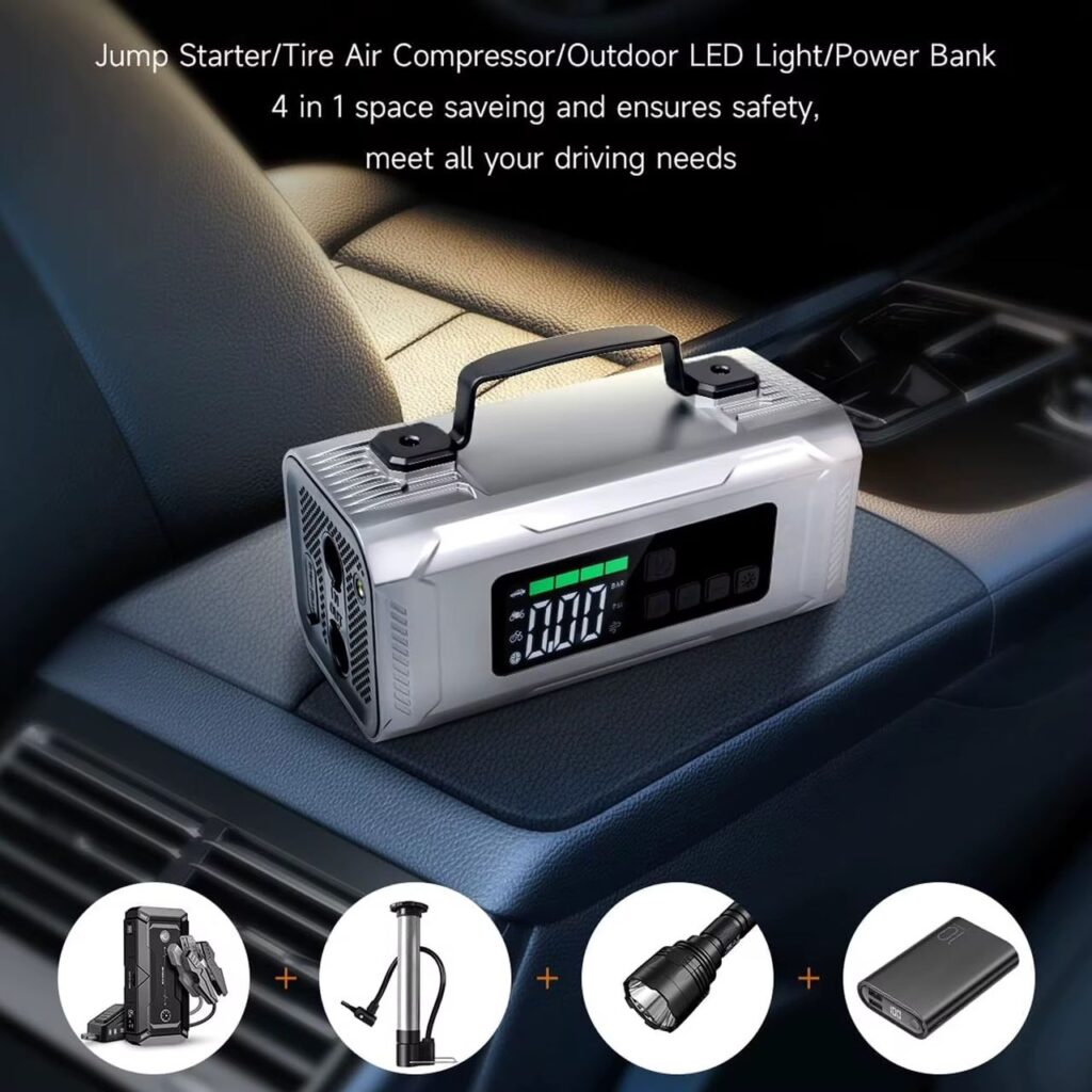 Batterie externe portable 6 en 1, compresseur, démarreur, torche, chargeur d’appareil, lampe et plus