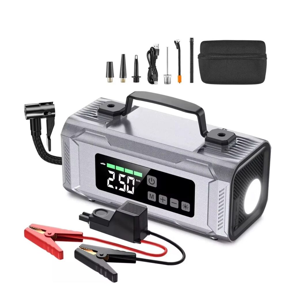 Batterie externe portable 6 en 1, compresseur, démarreur, torche, chargeur d’appareil, lampe et plus