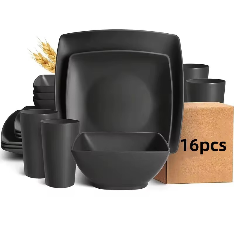 Ensemble de Vaisselle Ecologique en Paille de Blé & Plastique, Pack de 16