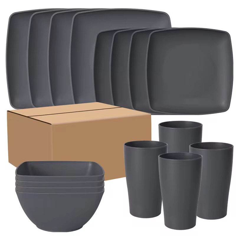 Ensemble de Vaisselle Ecologique en Paille de Blé & Plastique, Pack de 16