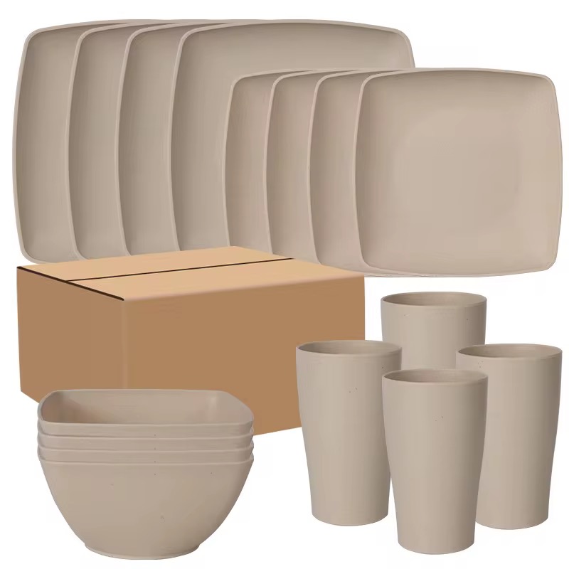 Ensemble de Vaisselle Ecologique en Paille de Blé & Plastique, Pack de 16