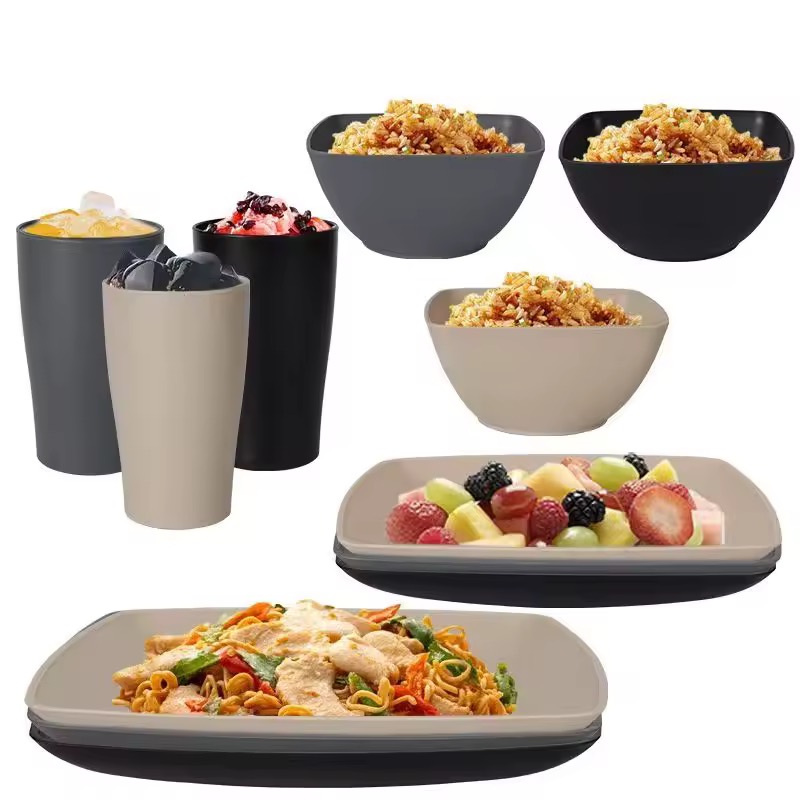 Ensemble de Vaisselle Ecologique en Paille de Blé & Plastique, Pack de 16
