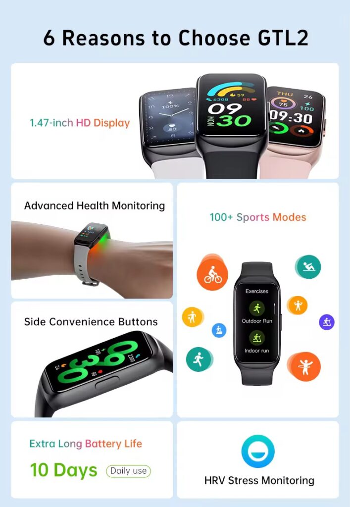 Montre connectée intelligente GTL2 Fitness Tracker, Femme, couleur Rose